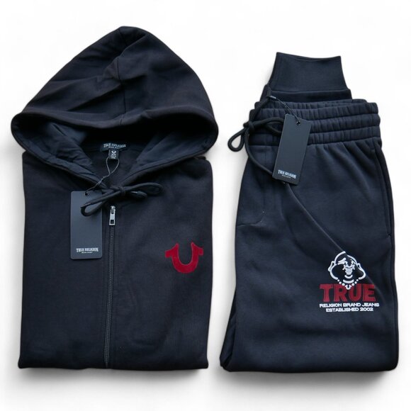 True Religion Mens M Sweatsuit Fleece 2 PC Tracksuit Hoodie Joggers Red Velvet